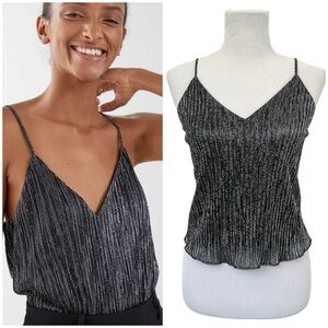 & Other Stories - Silver V-Neck Cropped Cami | Black & Silver, Size 4 (Small)